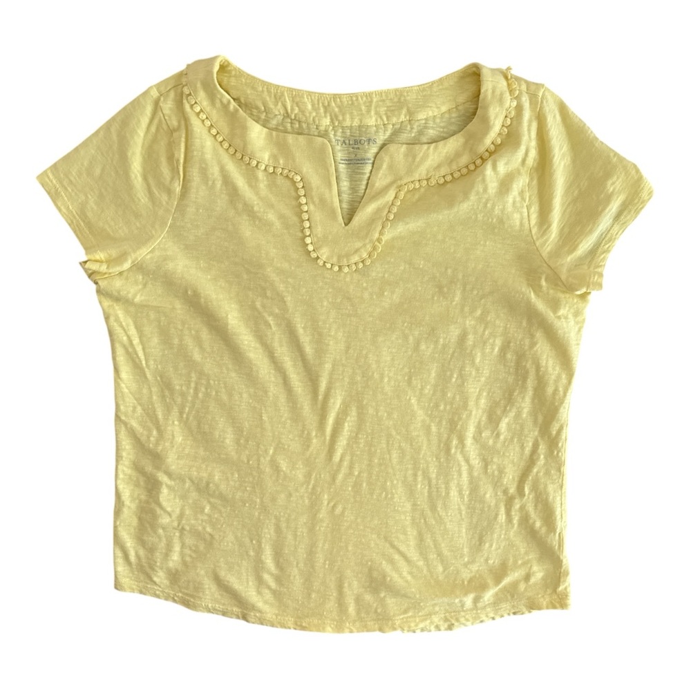 Talbots Top Shirt Plus Size X Yellow Short Sleeve Cotton V-Neck Lace Puff Trim